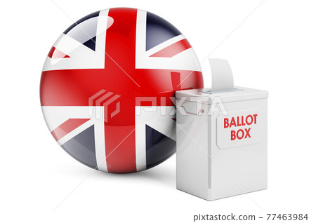 Ballot box with British flag. Election in the Great Britain. 3D rendering Ballot box with British flag. Election in the Great Britain. 3D rendering 77463984