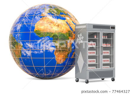 Vaccine refrigerator with Earth Globe. 3D rendering 77464327