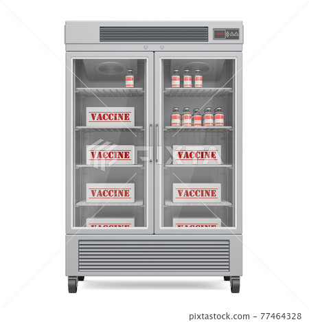 Vaccine fridge with ampoules, 3D rendering 77464328