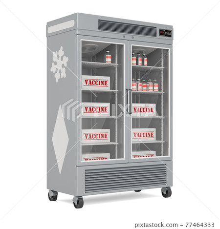Glass Door Pharmacy Refrigerator with vaccine ampoules, 3D rendering 77464333