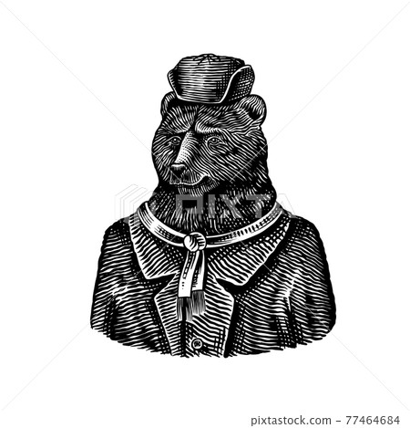 Bear character in fur coat. Fashionable animal in Russian hat. Hand drawn Engraved old monochrome 77464684