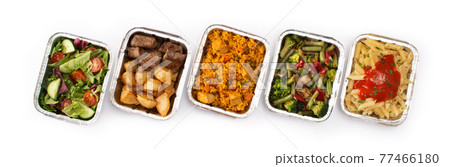Take away healthy food in foil boxes 77466180