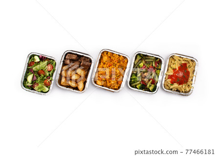 Take away healthy food in foil boxes 77466181