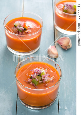 Gazpacho soup in glass on wooden table 77466215