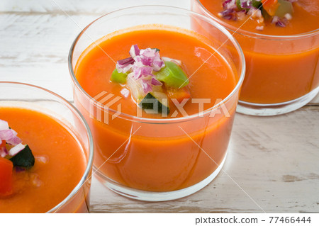 Gazpacho soup in glass on wood table 77466444