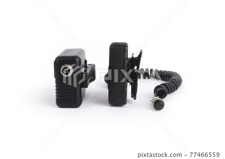 Black body camera, spiral cable and Power bank. Officer body cam. Personal Wearable Video Recorder, Portable DVR, camera isolated on white background. Closeup, side view Black body camera, spiral cable and Power bank. Officer body cam. Personal Wearable Video Recorder, Portable DVR, camera isolated on white background. Closeup, side view 77466559