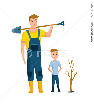 Father spend time with son. Dad and son to plant a tree, happy family concept. Fatherhood flat cartoon vector illustration. Outdoor activit Father spend time with son. Dad and son to plant a tree, happy family concept. Fatherhood flat cartoon vector illustration. Outdoor activit 77466704