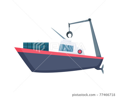 Fishing boat side view isolated on white background. Fishing commercial ship, fisher sea boat for ocean water, shipping seafood industry. Fisherman boat 77466718