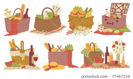 Wicker picnic baskets full of fresh food for lunch a set of vector illustrations Wicker picnic baskets full of fresh food for lunch a set of vector illustrations 77467239