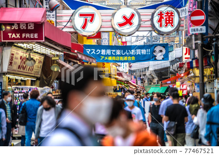 Tokyo cityscape in Japan under the third state of emergency. There are many people next to Ameyoko ... = May 8th 77467521