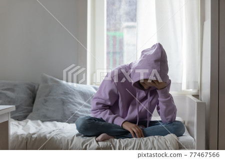 Unhappy young adolescent 12s kid girl feeling exhausted. 77467566