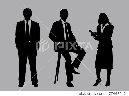 Business people group silhouettes pose on grey colour background, flat line vector and illustration. Business people group silhouettes pose on grey colour background, flat line vector and illustration. 77467642