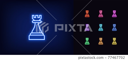 Neon chessmen rook icon. Glowing neon rook sign, outline chess piece, tower silhouette Neon chessmen rook icon. Glowing neon rook sign, outline chess piece, tower silhouette 77467702