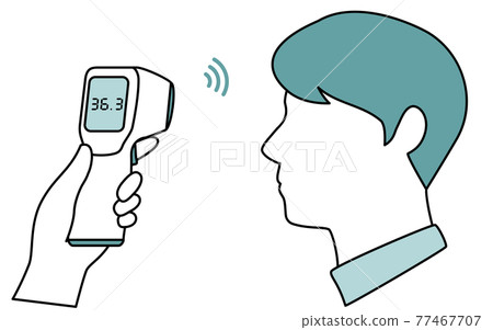 Image of a man measuring body temperature with a non-contact thermometer 77467707