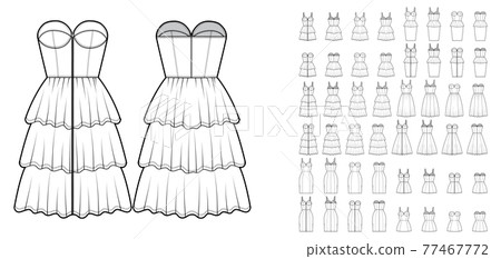 Set of dresses Zip-up bustier peplum technical fashion illustration with sleeveless, strapless, fitted body, knee mini Set of dresses Zip-up bustier peplum technical fashion illustration with sleeveless, strapless, fitted body, knee mini 77467772