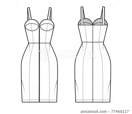 Zip-up tube dress technical fashion illustration with bustier, sleeveless, fitted body, knee length skirt. Flat garment 77468217
