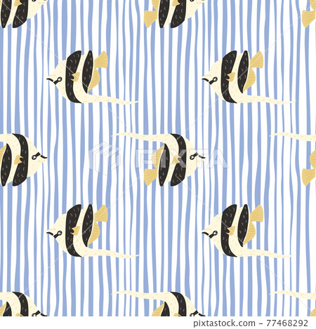 Wildlife ocean seamless pattern with hand drawn imperial angelfish ornament. Blue striped background. Wildlife ocean seamless pattern with hand drawn imperial angelfish ornament. Blue striped background. 77468292
