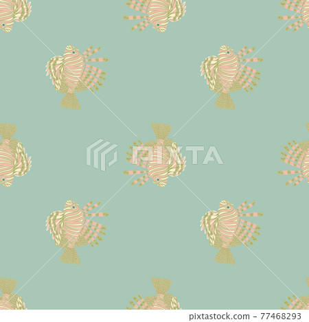Light green lionfish shapes seamless pattern in underwater exotic style. Pastel blue background. Light green lionfish shapes seamless pattern in underwater exotic style. Pastel blue background. 77468293