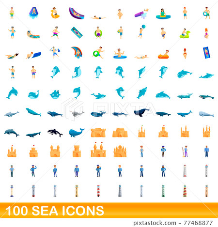 100 sea icons set, cartoon style 100 sea icons set, cartoon style 77468877