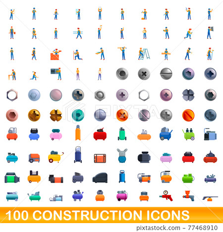 100 construction icons set, cartoon style 100 construction icons set, cartoon style 77468910