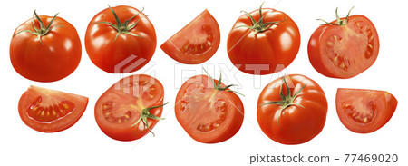 Tomato set isolated on white background. Whole and slices 77469020