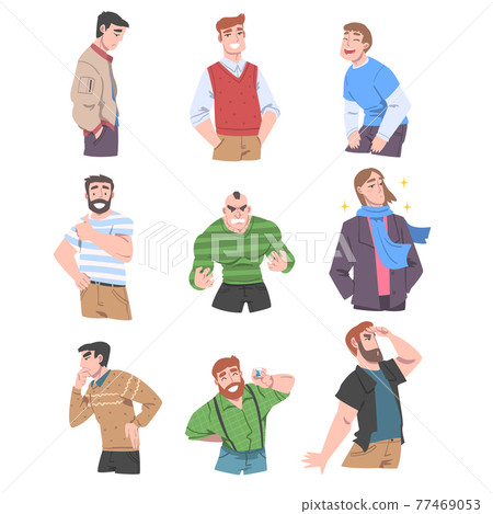 Young Men with Different Emotions Set, Cheerful, Angry, Stressed, Men, Human Emotions and Feelings Concept Cartoon Vector Illustration 77469053