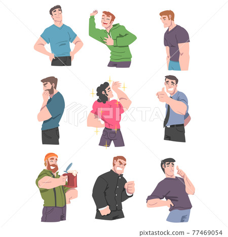 Young Men with Different Emotions Set, Happy, Thoughtful, Angry, Upset, Narcissistic Men, Human Emotions and Feelings Concept Cartoon Vector Illustration Young Men with Different Emotions Set, Happy, Thoughtful, Angry, Upset, Narcissistic Men, Human Emotions and Feelings Concept Cartoon Vector Illustration 77469054