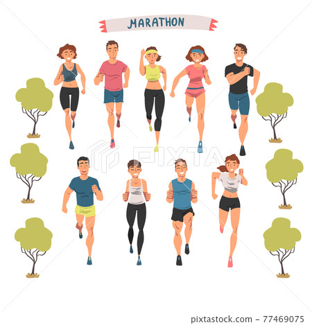 Cheerful People Running Marathon Set, Male and Female Athletes in Sports Uniform Running Outdoors Cartoon Vector Illustration 77469075