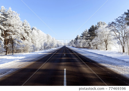 snowfall in the winter season and road asphalted snowfall in the winter season and road asphalted 77469396