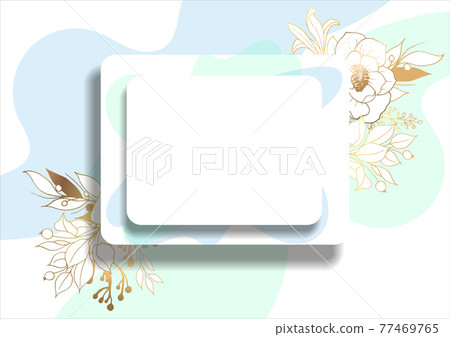 Gold frame. 3D paper cut. Leaves and flowers from golden threads. Square frame with summer flowers in vintage style. Vector illustration. Place for an inscription. 3d effect. Spots of pastel color. 77469765