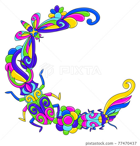 Decorative frame with stylized bugs and insects. Mexican ceramic cute naive art. 77470437