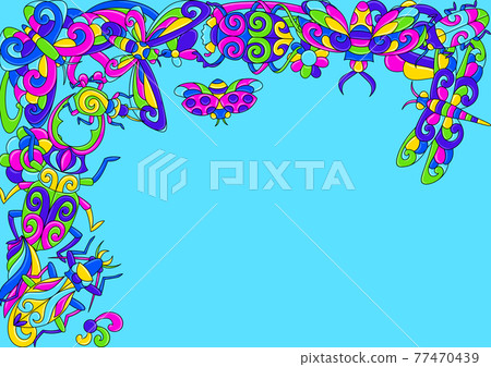 Decorative background with stylized bugs and insects. Mexican ceramic cute naive art. 77470439