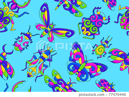 Seamless pattern with stylized bugs and insects. Mexican ceramic cute naive art. 77470440