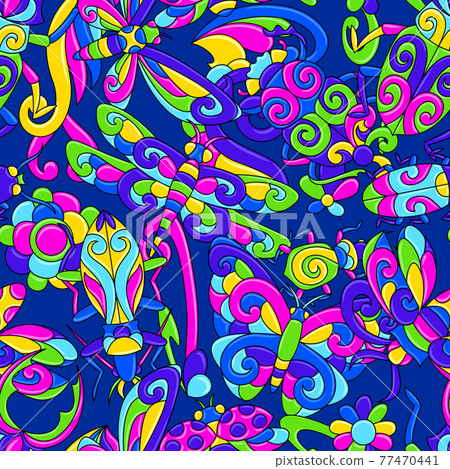 Seamless pattern with stylized bugs and insects. Mexican ceramic cute naive art. 77470441