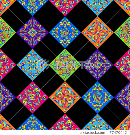 Mexican talavera ceramic tile pattern with tropical birds. Traditional decorative objects. 77470442