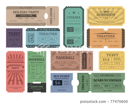 Cartoon Color Different Tickets Retro Vintage Style Icons Set. Vector Cartoon Color Different Tickets Retro Vintage Style Icons Set. Vector 77470600