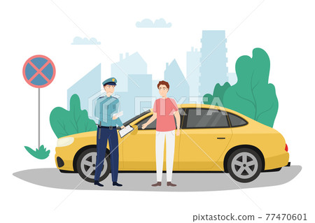 Cartoon Color Character Policeman Writes Ticket Concept. Vector 77470601