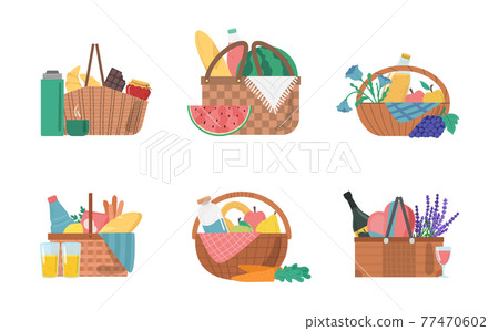 Cartoon Color Different Picnic Baskets Icons Set. Vector Cartoon Color Different Picnic Baskets Icons Set. Vector 77470602