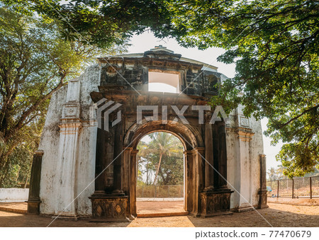 Old Goa, India. Old St. Paul's College Gate. Famous Landmark And Historical Heritage. St. Paul's College Was A Jesuit School, And Later College, Founded Circa 1542 By Saint Francis Xavier,At Old Goa. Old Goa, India. Old St. Paul's College Gate. Famous Landmark And Historical Heritage. St. Paul's College Was A Jesuit School, And Later College, Founded Circa 1542 By Saint Francis Xavier,At Old Goa. 77470679