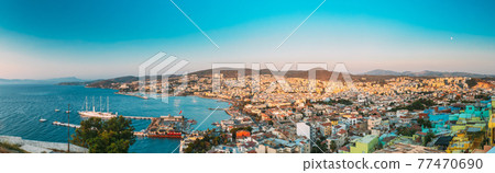 Kusadasi, Aydin, Ayd n Province, Turkey. Waterfront And Kusadasi Cityscape In Sunny Summer Evening. Scenic View Of Kusadasi Skyline At Aegean Coast, Turkey. Panorama, Panoramic View 77470690