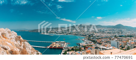 Kusadasi, Aydin, Ayd n Province, Turkey. Waterfront And Kusadasi Cityscape In Sunny Summer Day. Scenic View Of Kusadasi Skyline At Aegean Coast, Turkey. Panorama, Panoramic View 77470691
