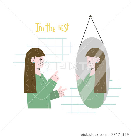 Beautiful girl is looking in the glass and saying affirmation. Lettering I am the best. Vector illustration for banner, card, sticker, article. 77471369