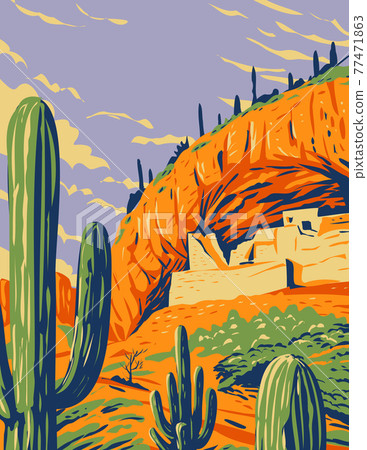 Salado-Style Cliff Dwelling and Saguaro Cactus in Tonto National Monument in Superstition Mountains Located in Gila County Arizona WPA Poster Art 77471863