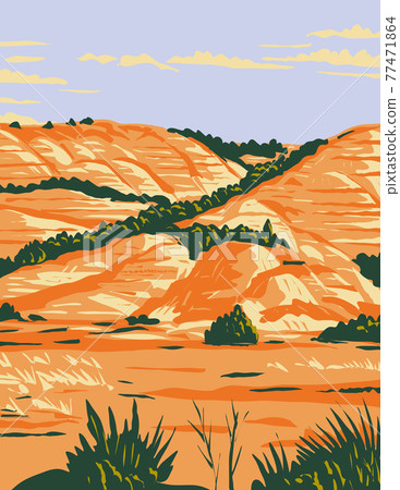 North Dakota Badlands in Theodore Roosevelt National Park Located in Medora North Dakota WPA Poster Art 77471864