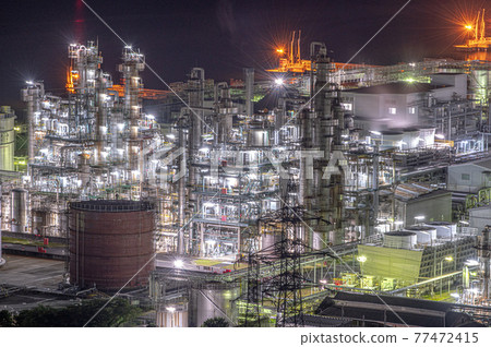 Light beam tower Otake city factory night view Light beam tower Otake city factory night view 77472415