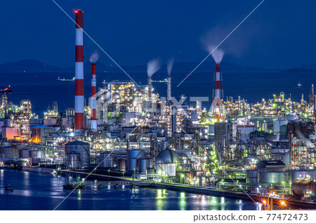 Light beam tower Otake city factory night view Light beam tower Otake city factory night view 77472473