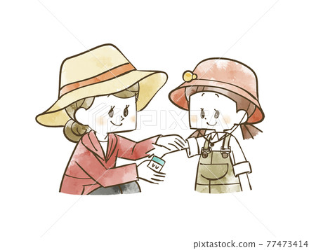 A woman applying sunscreen to a girl's arm 77473414