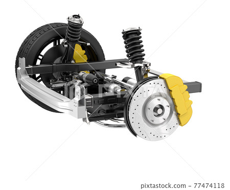 Structural image of automobile suspension and brake system on black background Structural image of automobile suspension and brake system on black background 77474118
