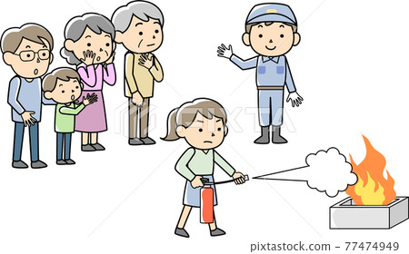 A woman training to use a fire extinguisher 77474949