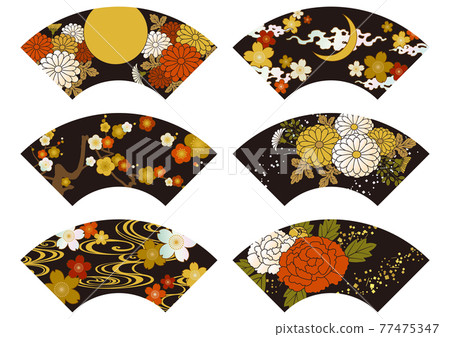 Japanese pattern illustration of lacquer, lacquer work, and Raden fan black background 77475347